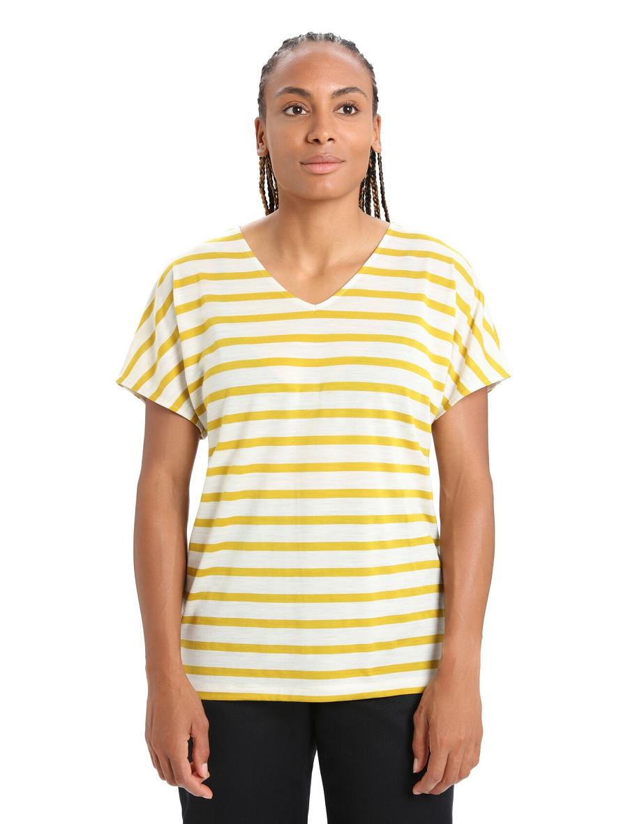 Women\'s Icebreaker Merino Drayden Reversible Short Sleeve Top Stripe T Shirts Ecru Heather / Silent Gold | CA 1340WNBY